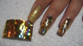 Holographic Gold Nail Foil Application  DIY Nail Art Tutorial [upl. by Eemiaj]