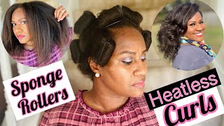 SPONGE ROLLERS dry set tutorial  Heatless Curls on natural hair [upl. by Hadlee716]