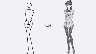 How to draw Komi Shouko full body out of Stick man  Easy stepbystep [upl. by Nollat441]