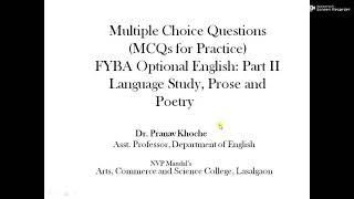 FYBA Optional English Sem I MCQ Multiple Choice Questions Part II Dr Pranav Khoche [upl. by Collie]