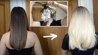 BLEACHING MY HAIR BROWN TO BLONDE at home EXTREME transformation [upl. by Hsara59]