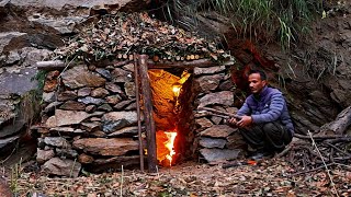 Winter Survival Camping Building a Stone Shelter Under the Cliff with fireplace inside [upl. by Rape]