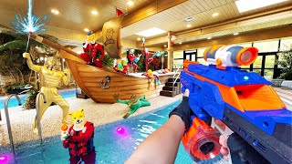 Nerf War  Water Park amp SPA Battle 18 Nerf First Person Shooter [upl. by Vanthe]