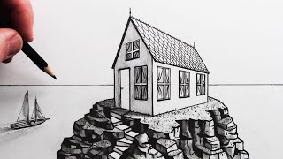 How to Draw an Easy House in 2Point Perspective Pencil Drawing [upl. by Tellford]