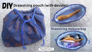 Diy drawstring pouch with devider  Drawstring makeup bag  Drawstring bag tutorial [upl. by Drugge]