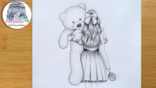 How to draw a girl with her Teddy bear  step by step  Pencil Sketch for beginners  Art Video [upl. by Tennies169]