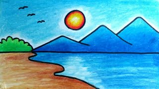 Cara Menggambar Pemandangan Pantai Yang Mudah Dan Bagus  How to Draw Beach Sunset [upl. by Riatsila]