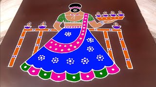 Woman Rangoli 10X4 Dots  Karthigai deepam special muggulu  Pongal kolam  Pulli kolam [upl. by Aydin]