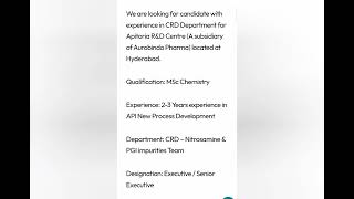 we are looking for the candidate with experience in CRD Department for Apitoria RampD center [upl. by Pavel]