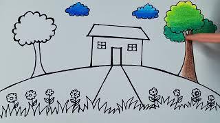 house with nature drawing  house with garden drawing  evas art  drawing [upl. by Whitcher666]