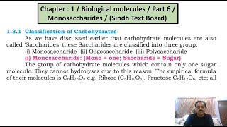 Chapter 1  Biological molecules  Part 6 Monosaccharides  Sindh Text Board [upl. by Annail]