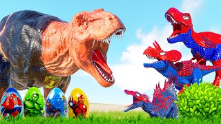 ALL RED SPIDERMAN Battle in Jurassic World NEW TRex vs Indominus Rex Dinosaur Pro SuperHero Team [upl. by Anahcra886]