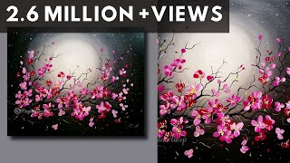 Step by Step acrylic painting on canvas for beginners  moon light night Painting  Tree of flowers [upl. by Elimac]