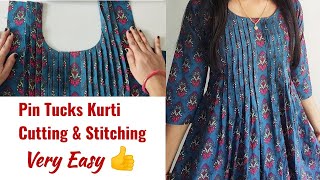 Pin Tucks Kurti Cutting and Stitching Very Easy  Straight Kurti Cutting and Stitching [upl. by Hairas298]