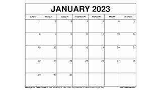 Printable January 2023 Calendar Templates with Holidays  VL Calendar [upl. by Binah]