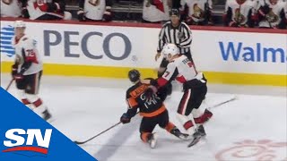 Brady Tkachuk Goes For Scott Laughton After CrossChecking Flyers’ Player To The Ice [upl. by Nosnorb82]