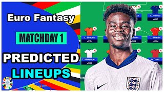 Euro Fantasy PREDICTED LINEUPS  Euro 2024 Fantasy Football Matchday 1 Tips [upl. by Dippold]