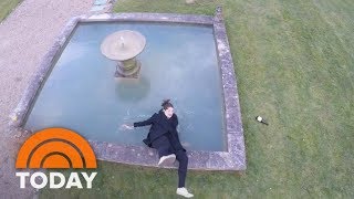 Surprise Plunge Woman Falls Into Fountain Distracted By Drone  TODAY [upl. by Pesvoh]