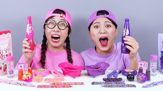 Pink Food VS Purple Food Challenge DONA Mukbang [upl. by Yelrak]