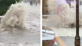 London flash floods Manhole explodes with water during heavy rain [upl. by Anoiek]