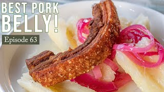 Chicharrones  Dominican Fried Pork Belly with Yucca and Onion Garnish [upl. by Heigho543]