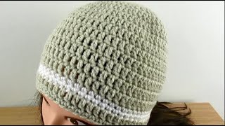 Crochet Beanie hat Simple Basic for LADIES  MENS Size 22quot24quot  tutorial Happy Crochet Club [upl. by Ydnar435]