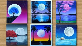 Full Moon  6 Easy Moonlight scenery painting for Beginners  Acrylic Painting [upl. by Aseek815]