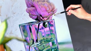 ASMR Oil Painting in real time How I painted Flower in Glass vase with oil colours Realistic Art [upl. by Adanama]