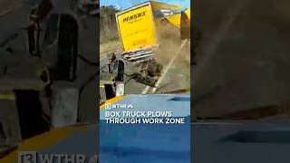 Box truck plows through work zone almost hitting highway worker [upl. by Annahsirhc]