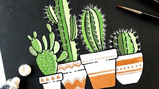 Gouache Painting Cactus on Black Coldpress Watercolor Paper [upl. by Allicirp346]