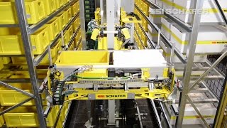 Storageretrieval machine for bins cartons and trays – Schäfer Miniload Crane [upl. by Llerdnam]