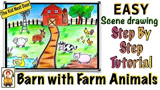 Barn with Farm Animals  Scene Drawing  Step By Step Tutorial  The Kid Next Door [upl. by Hurd]