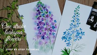 One stroke Larkspur watercolour flowers  Julys birth flower  Delphinium  Step by step tutorial [upl. by Mccreery]