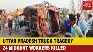 Truck Collision In Auraiya District Uttar Pradesh  24 Migrant Labourers Killed And 19 Injured [upl. by Lee]