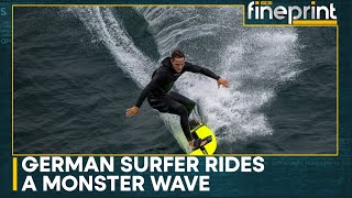 German surfer Sebastian Steudtner rides 93 feet wave in Portugal  WION Fineprint [upl. by Eerdua]