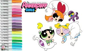 Powerpuff Girls Coloring Book Page Blossom Buttercup Bubbles Pillow Fight Fun PPG Cartoon Network [upl. by Leunas]