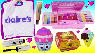 Claires HAUL Cheeseburger Makeup Pucker Pops Blind Bag Squishy Lip BALM Mascara Beauty Review [upl. by Cos]