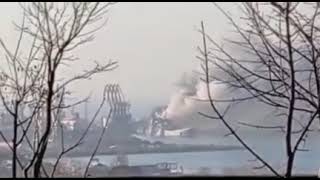 Russian Ship on Fire in Berdyansk Port better angle [upl. by Bruni757]