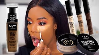 FULL COVERAGE NYX CANT STOP WONT STOP CONCEALER SETTING POWDER AND FOUNDATION  DARK SKIN [upl. by Anoek]