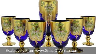 Murano Glass Decanter Set With Six Wine Glasses 24K Gold Leaf Blue [upl. by Ymiaj457]