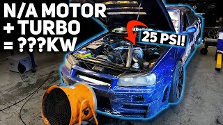 How Much Power Can Our Boosted NA RB25 Make R34 Skyline With Turboed Naturally Aspirated Motor Dyno [upl. by Kcered]