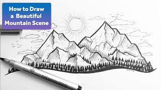 Fineliner Pen Drawing Example  Mountain Landscape with Variable Width Tips [upl. by Jessen]