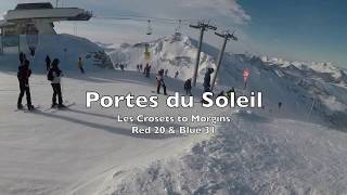 Portes du Soleil Ski Area  Les Crosets to Morgins  Red Run 20 amp Blue Run 31 [upl. by Ahselef786]