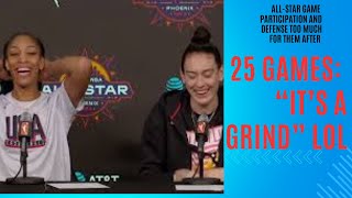 Breanna Stewart and AJa Wilson think 25 Games quotits a Grindquot  Defense too Much in AllStar Games [upl. by Euqinomod]