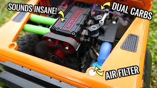 2 CYLINDER 4 STROKE OVERHEAD CAM ENGINE INSTALLED INTO RC CAR  RUNS GREAT [upl. by Nekciv]