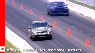 Dodge Challenger Demon vs Toyota Prius With Hellcat Engine Drag Race [upl. by Profant]