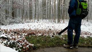 Greenworks 80v backpack leaf blower wet Frozen leaves  Snow review update Hands on Extreme [upl. by Ocsinarf966]