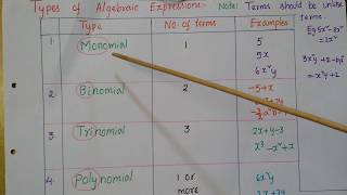 Types of Algebraic expressions Monomialbinomialtrinomial and polynomial [upl. by Aiym]