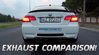 BMW M3 E92 Exhaust Comparison Eisenmann Akrapovic Meisterschaft etc [upl. by Llerrehs]