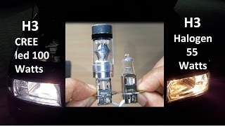 H3 LED Cree 100 watts Brightness Size vs H3 Halogen 55 Watts [upl. by Aidyn183]